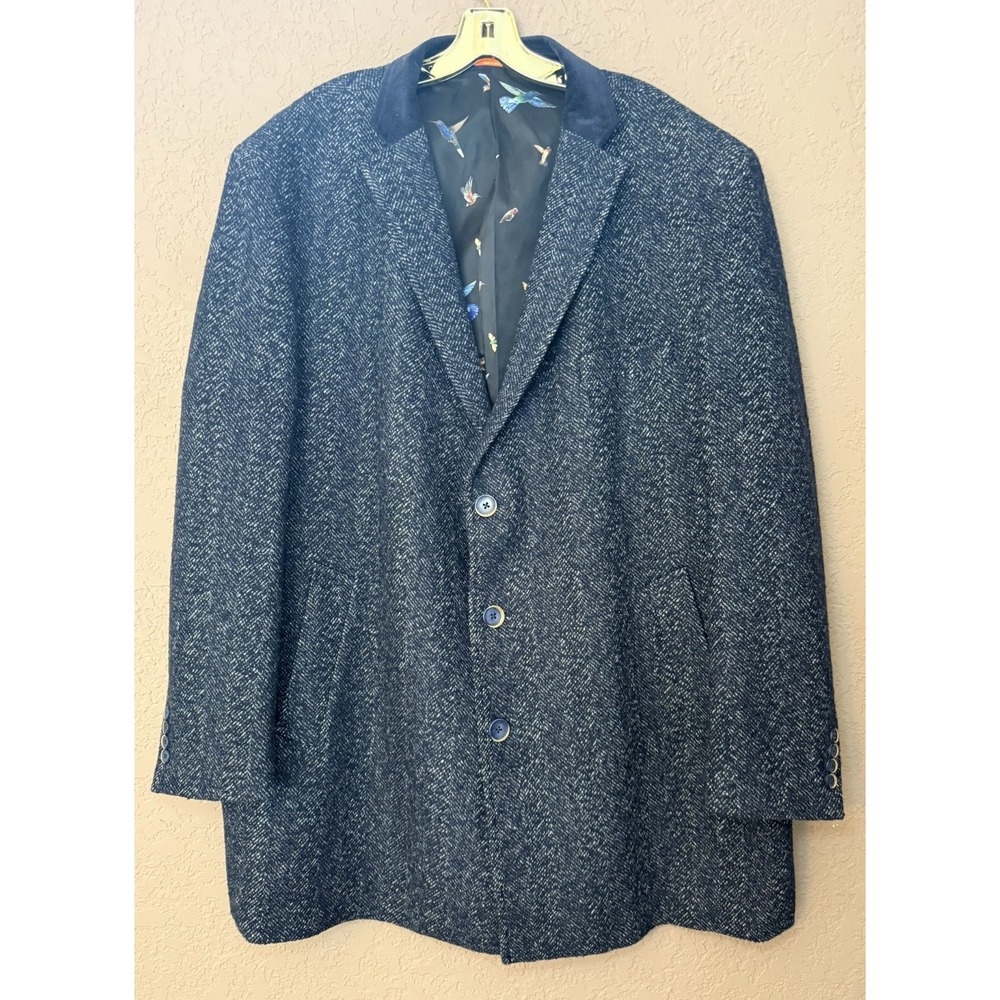 Tallia Herringbone Men Wool Blend Lined Overcoat Blue/Black 3 Button XXL Classic